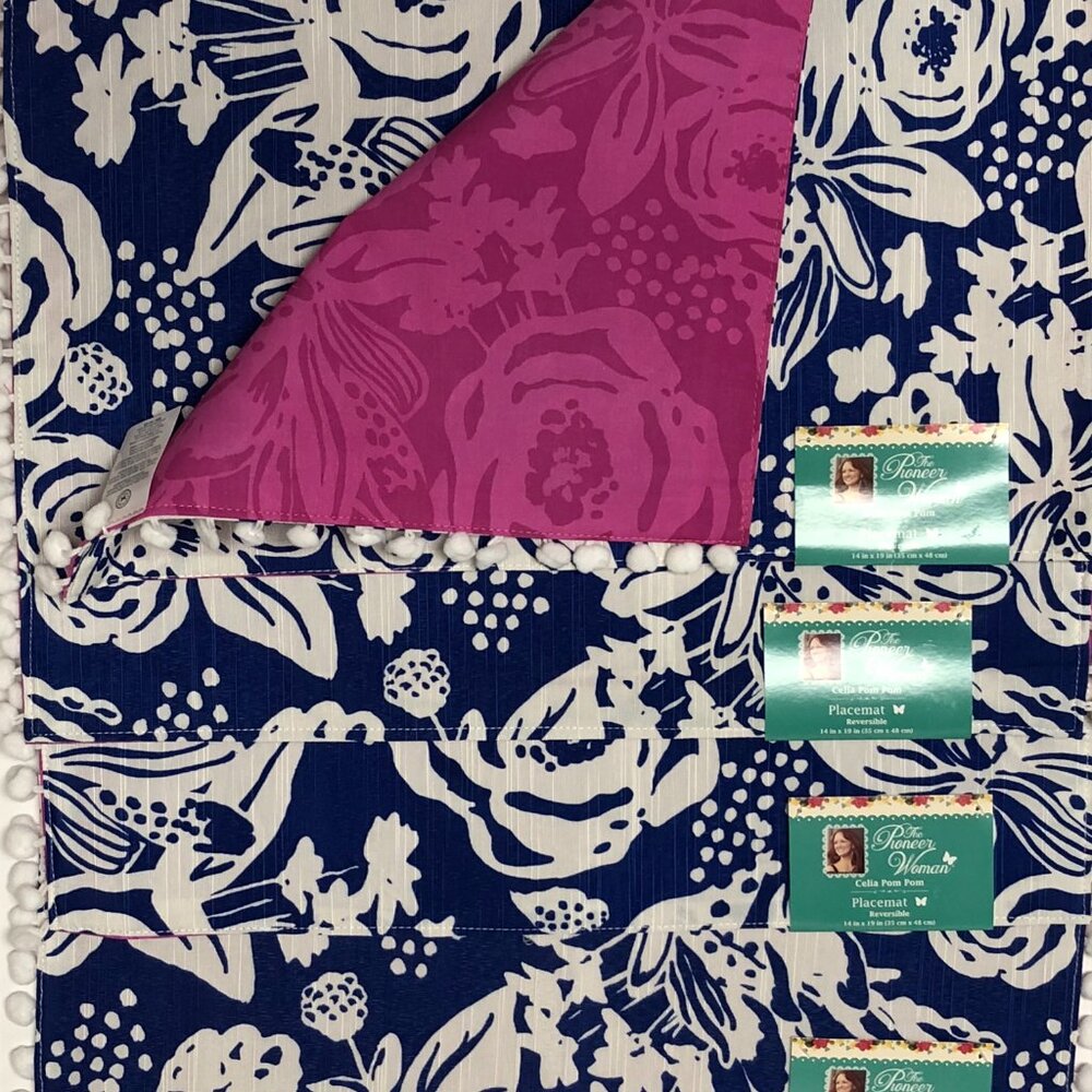 4 Pioneer Woman Placemats Celia Pom Pom 14x19 Reversible Cobalt Blue Pink Floral - Picture 9 of 9